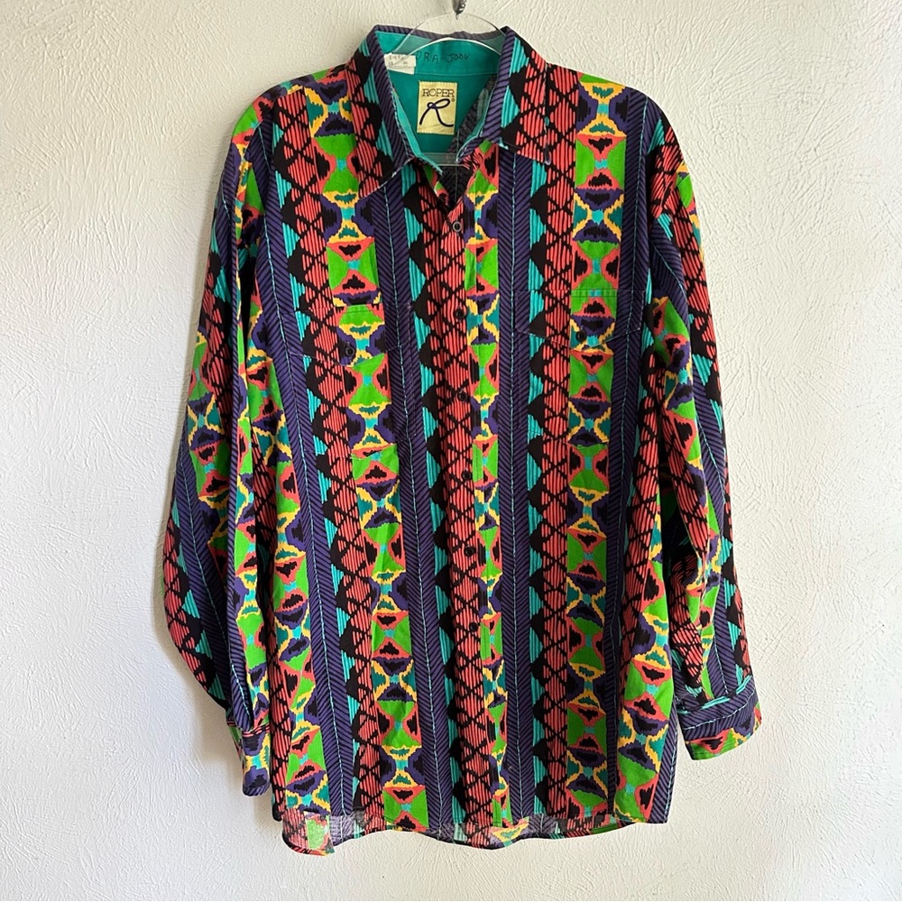 Vintage Roper Men's Western Long Sleeve Button Shirt, Size XL Geometric